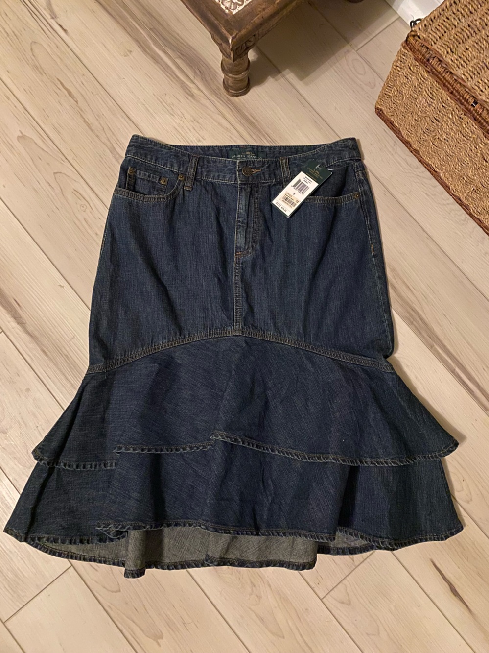 LRL LAUREN JEANS CO. Ralph Lauren Dark Blue Denim High-Low Tiered Skirt, Size 04